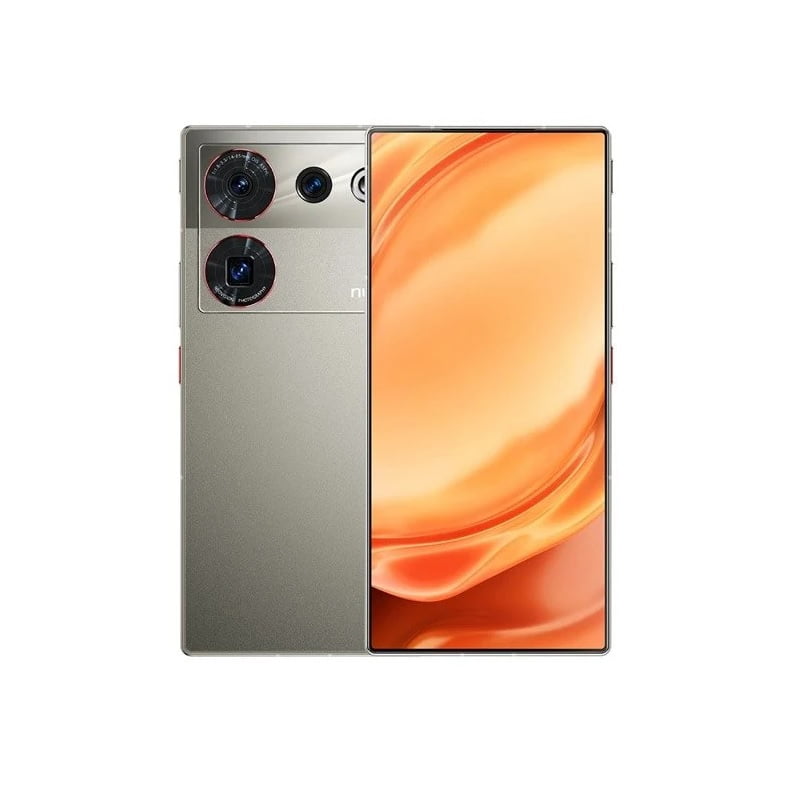 ZTE Nubia Z50 Ultra showcasing its full-screen AMOLED display with an under-screen camera, highlighting the sleek design and narrow bezels. Back view of the ZTE Nubia Z50 Ultra featuring the triple camera setup, including a 64 MP main camera, 64 MP telephoto lens, and 50 MP ultra-wide lens