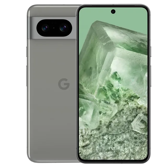 Google Pixel 8 showcasing its 6.2-inch FHD+ OLED display with a 120Hz refresh rate and slim bezels. Back view of the Google Pixel 8 featuring the dual-camera setup, including a 50 MP main camera and a 12 MP ultra-wide lens, along with a sleek glass finish.
