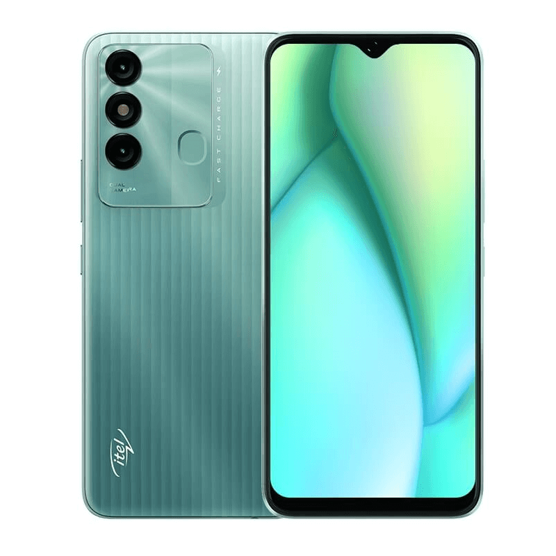 Front view of the Itel P38 Pro smartphone, showing a large screen with thin edges and a small camera in the center at the top. Back view of the Itel P38 Pro smartphone, showcasing a glossy surface with a dual-camera setup positioned in the upper left corner. The phone's design includes a textured finish for improved grip and a centered Itel logo at the bottom. The camera module is surrounded by a sleek, metallic ring.
